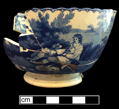 London shape pearlware cup underglaze printed in medium blue, scalloped rim. (3 views of cup shown here) 5.5” rim diameter; 3.25” vessel height.